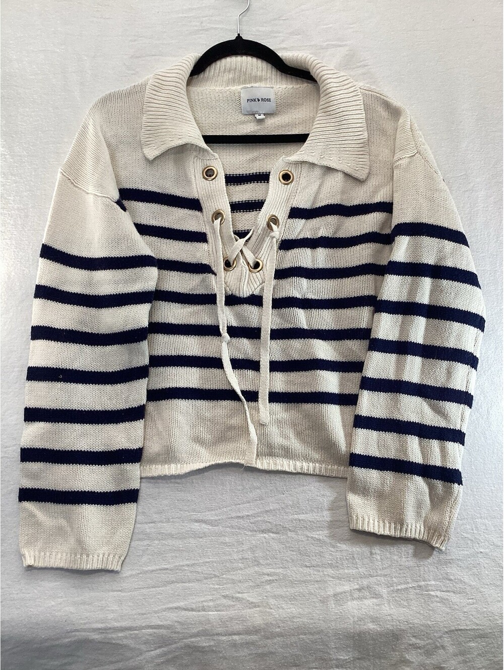 PINK ROSE Striped Lace Up Collar Sweater Cream Navy Med Feminine Maritime collar